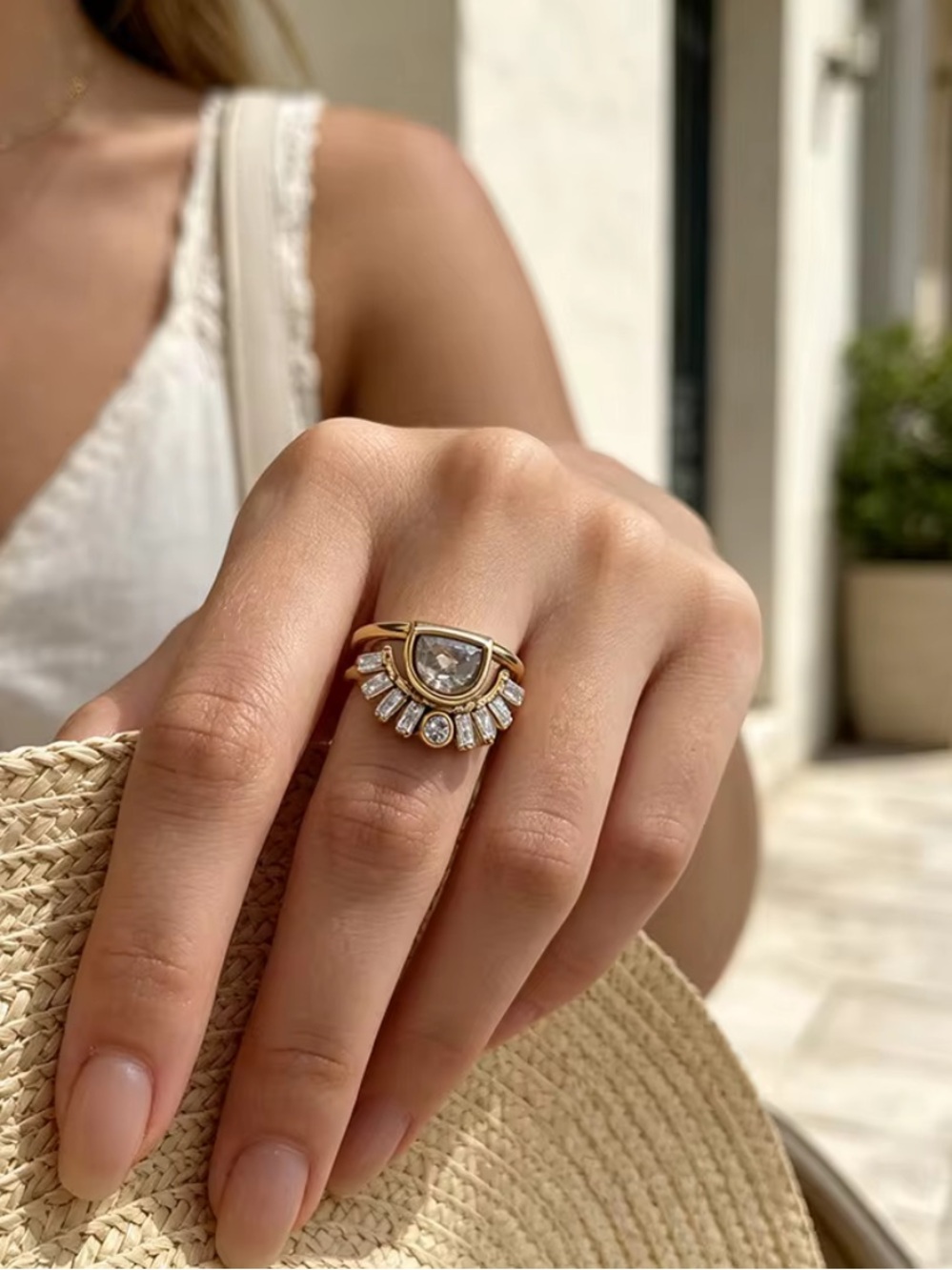 18K Gold PVD Coated Stainless Steel Crystal Zirconia Statement Ring -